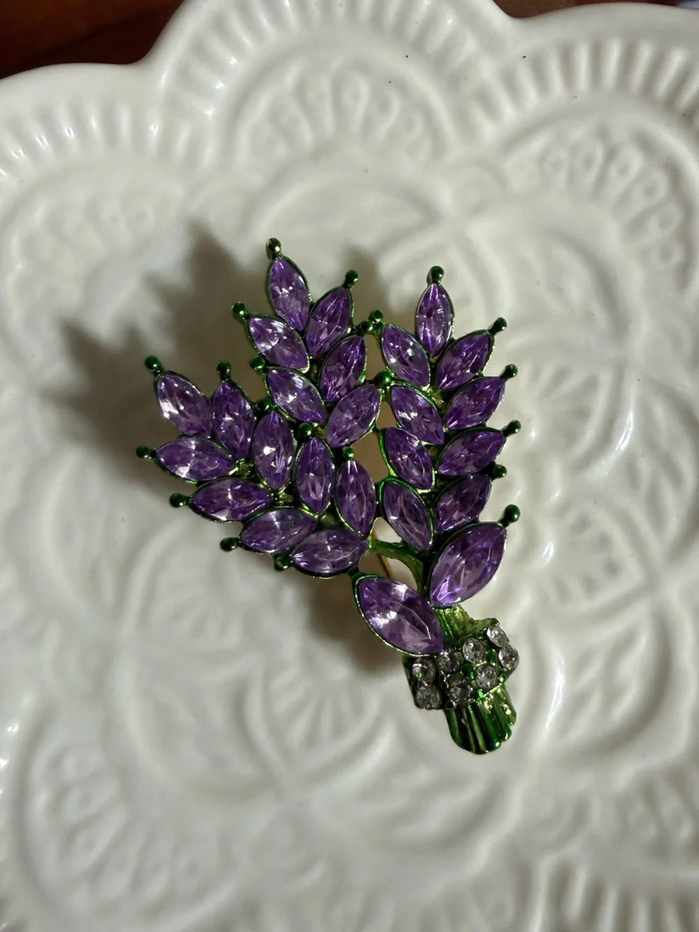purple lavender bouquet brooch adorned sparkling crystal rhinestones green stems